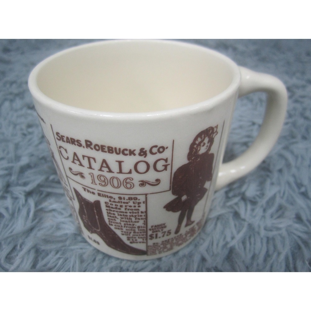 Sears Roebuck 1906 Catalog White Ceramic Coffee Mug Cup Brown Print USA Retro Ad